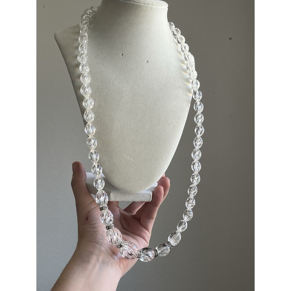 Vintage Clear Twisted Acrylic Beaded Necklace Rhinestone To fell 28”
